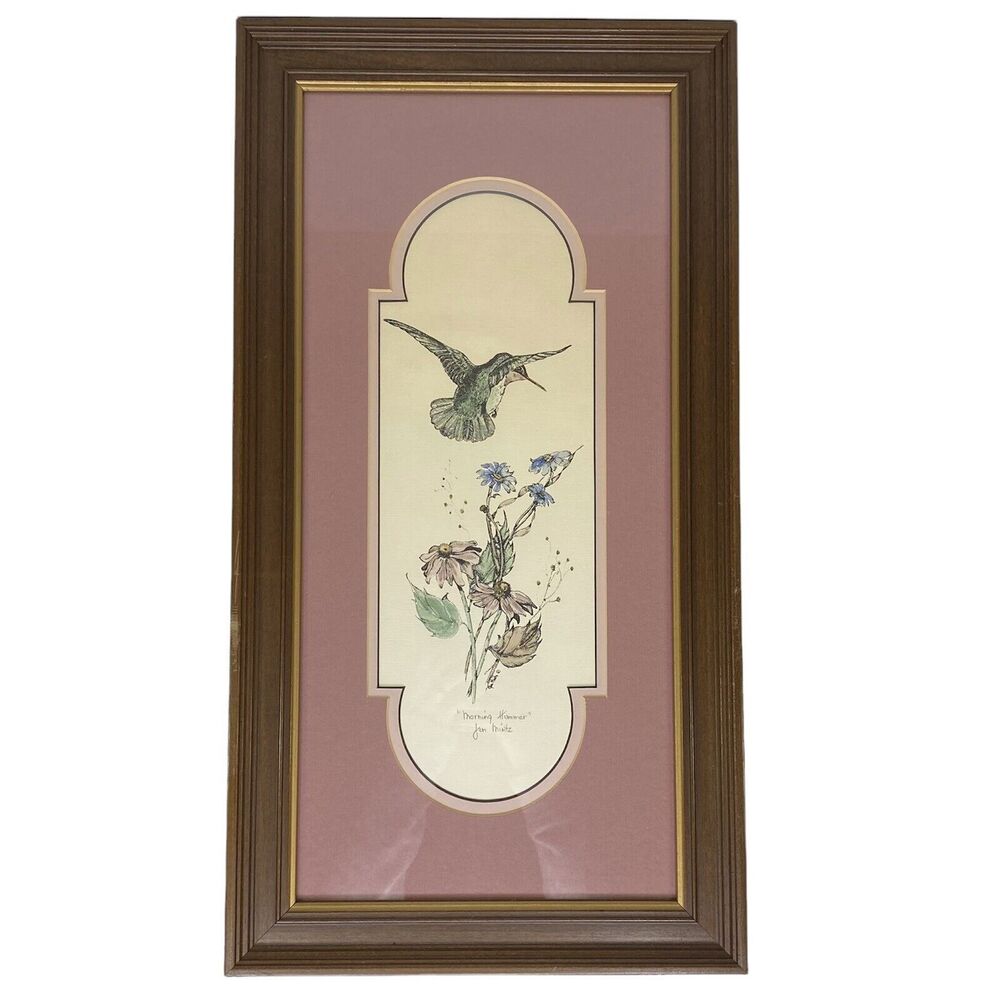 Jan Mintz Pen Ink Watercolor Morning Hummer Flowers Hummingbird Framed Art